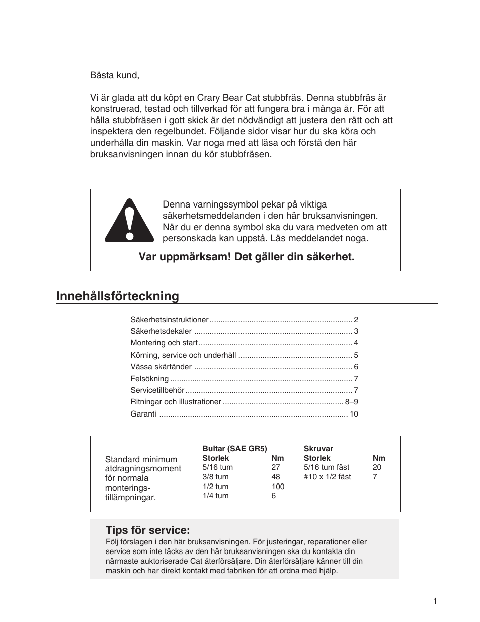 Innehållsförteckning, Tips för service, Var uppmärksam! det gäller din säkerhet | Vridmoment | Echo 73710S User Manual | Page 40 / 59