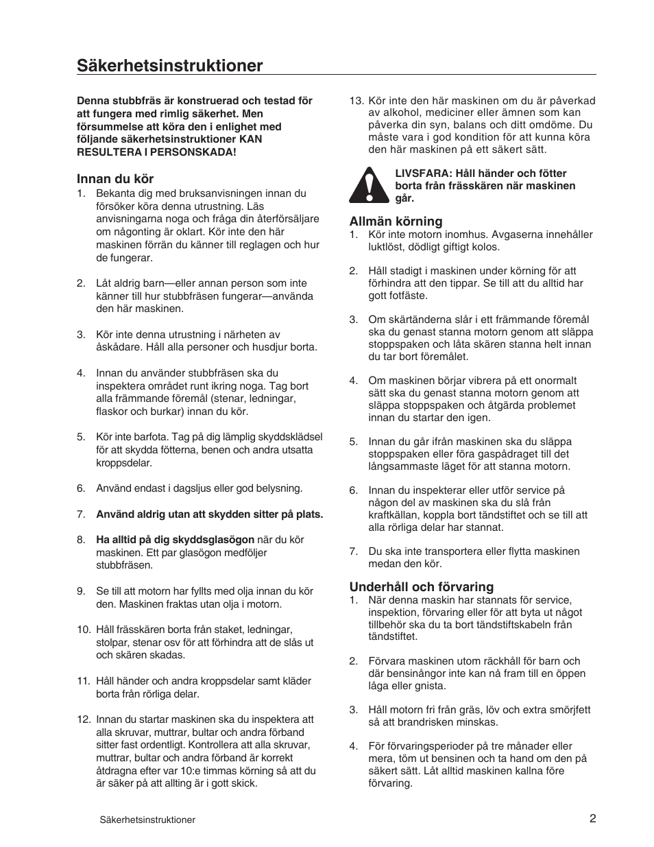 Säkerhetsinstruktioner | Echo 73710S User Manual | Page 41 / 59