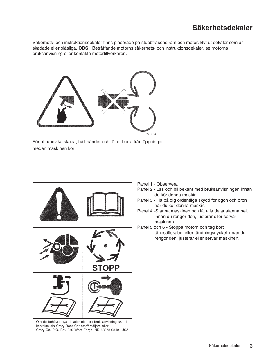 Stopp, Säkerhetsdekaler | Echo 73710S User Manual | Page 42 / 59