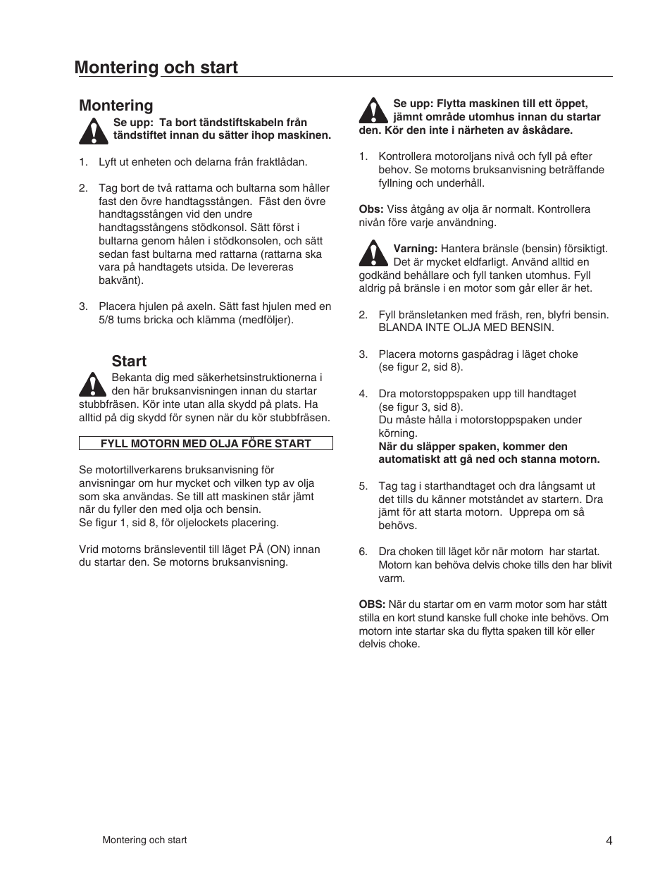 Montering och start, Montering, Start | Echo 73710S User Manual | Page 43 / 59