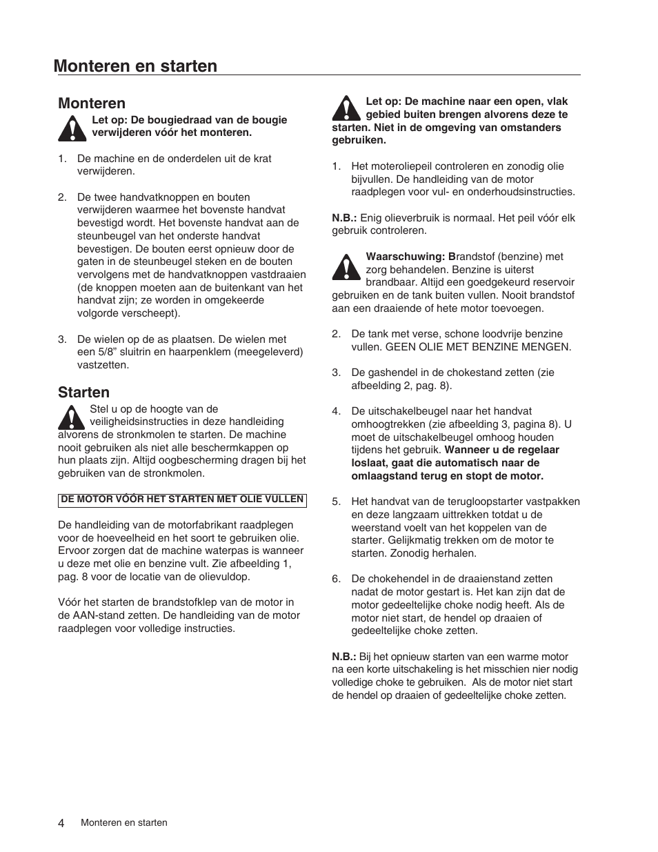Monteren en starten, Monteren, Starten | Echo 73710S User Manual | Page 52 / 59