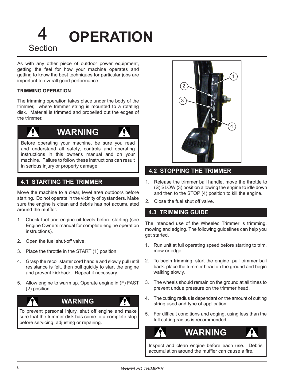 Operation, 1 starting the trimmer, 2 stopping the trimmer | 3 trimming guide, Warning | Echo WT24T Owners Manual User Manual | Page 10 / 25