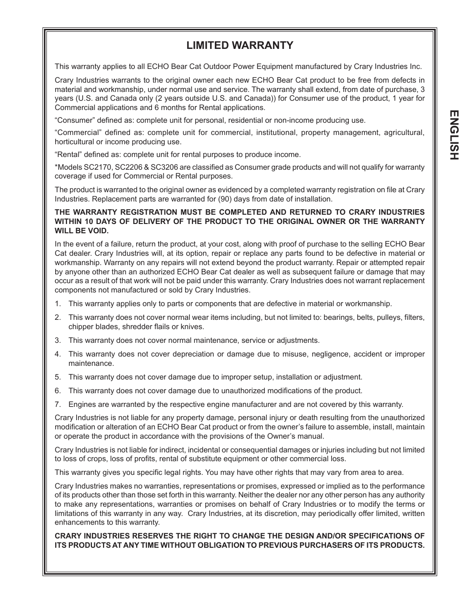 English, Limited warranty | Echo WT24T Owners Manual User Manual | Page 3 / 25