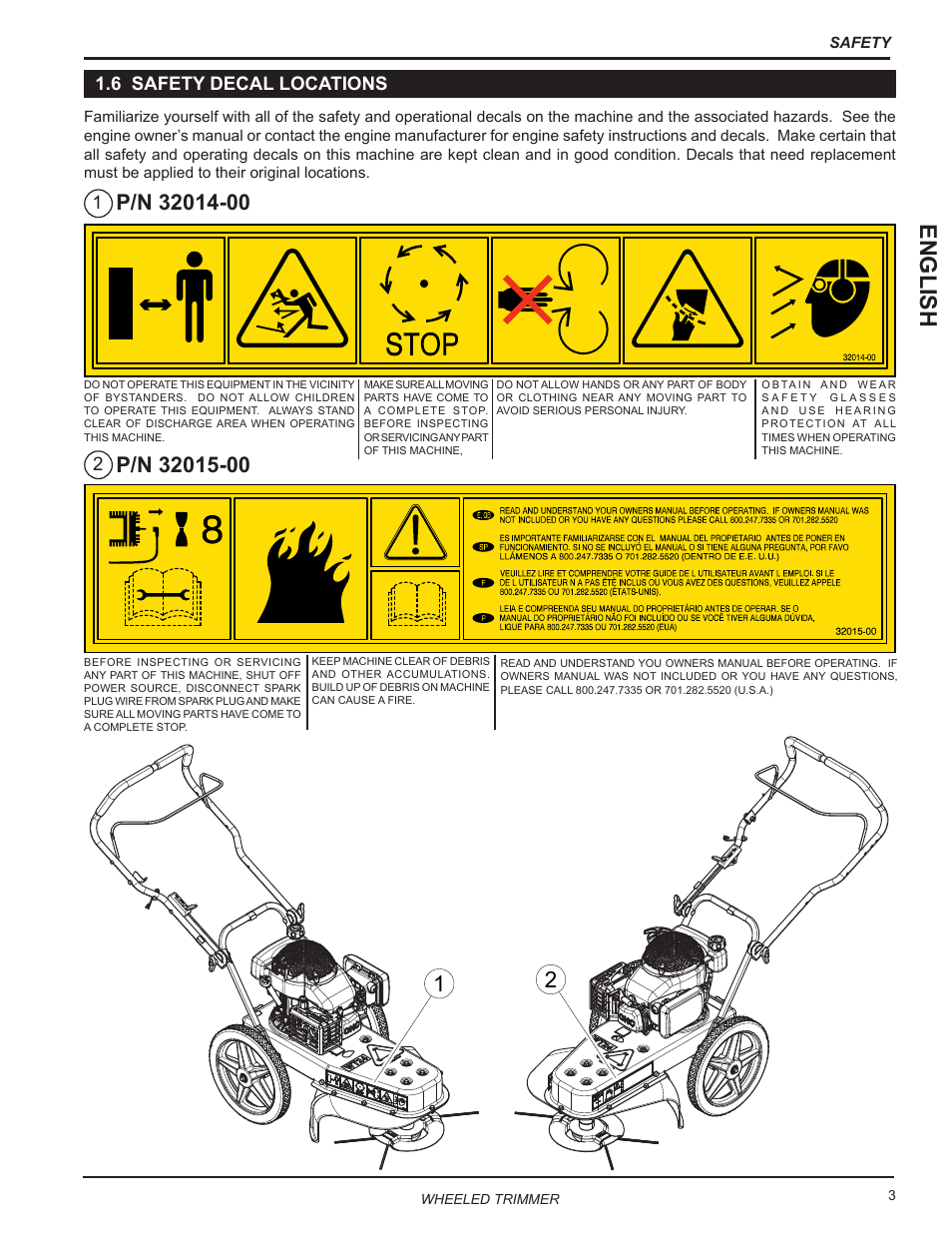 6 safety decal locations, English | Echo WT24T Owners Manual User Manual | Page 7 / 25