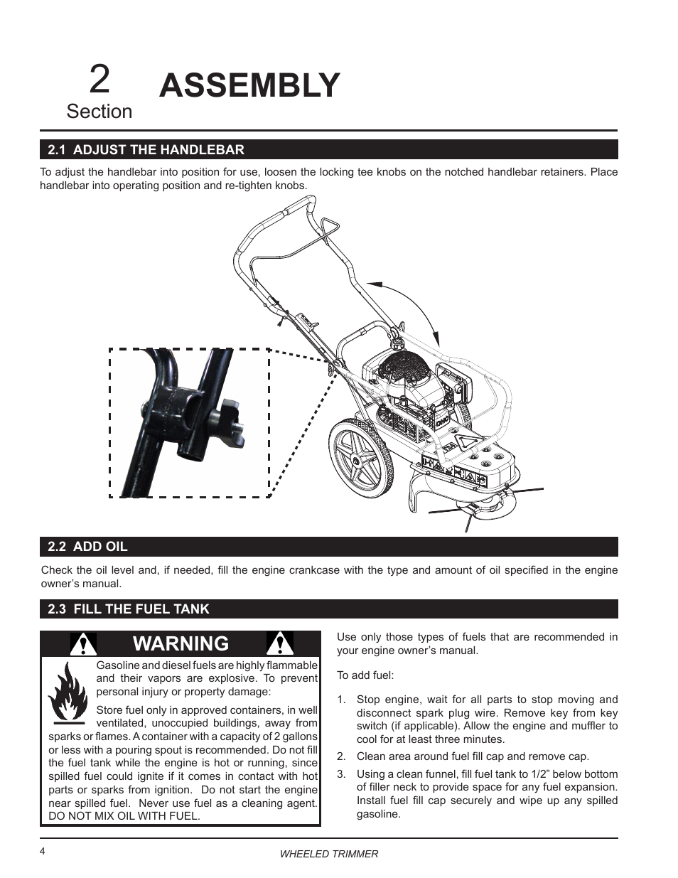 Assembly, 1 adjust the handlebar, 2 add oil | 3 fill the fuel tank, Warning | Echo WT24T Owners Manual User Manual | Page 8 / 25