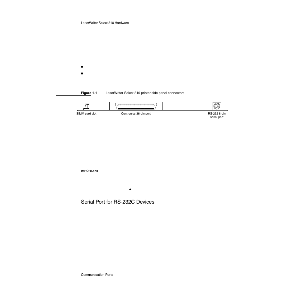 Communication ports, Serial port for rs-232c devices, Communication ports 1 | Serial port for rs-232c devices 1 | Apple LaserWriter Select 310  Printer User Manual | Page 16 / 68