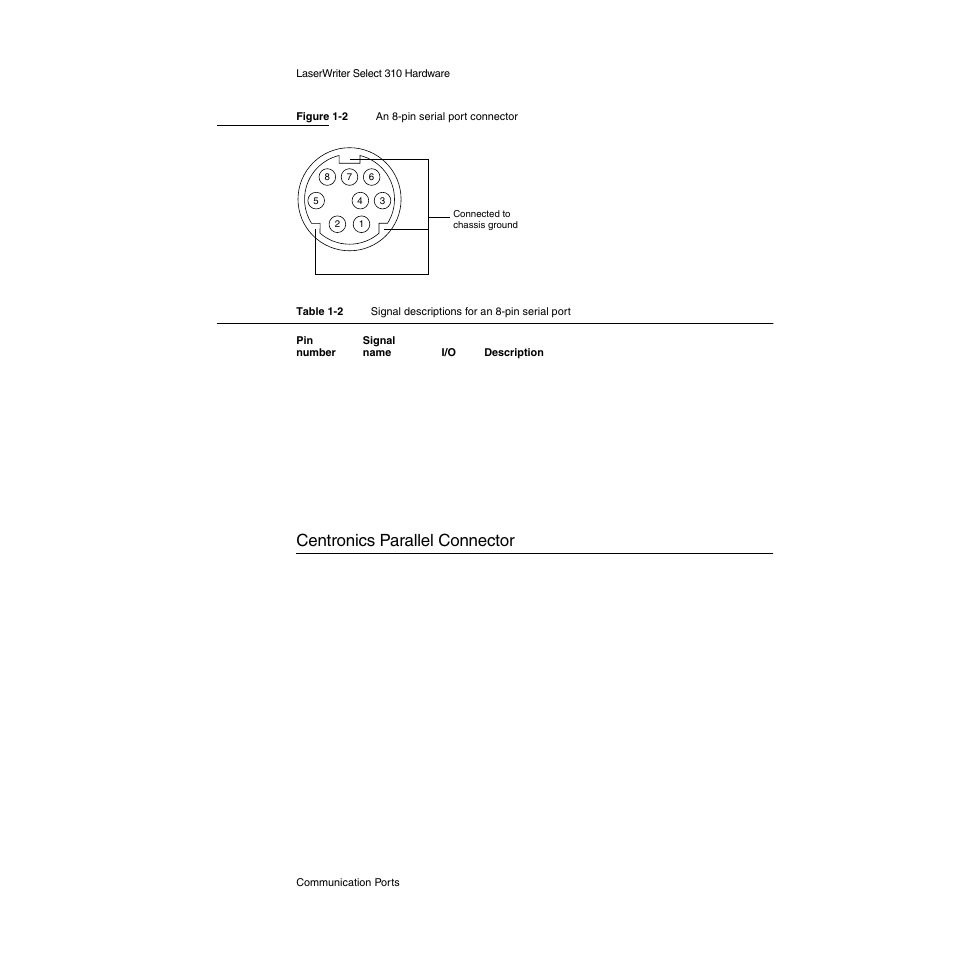 Centronics parallel connector, Centronics parallel connector 1 | Apple LaserWriter Select 310  Printer User Manual | Page 17 / 68