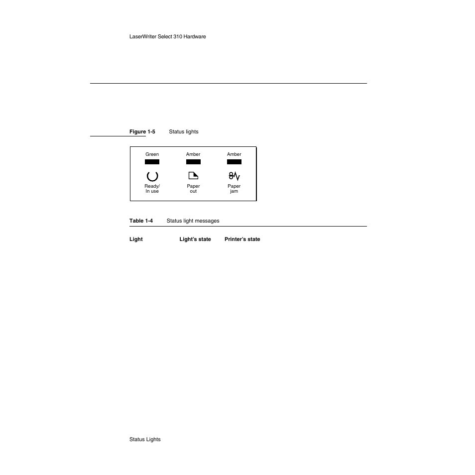 Status lights, Status lights 1 | Apple LaserWriter Select 310  Printer User Manual | Page 20 / 68