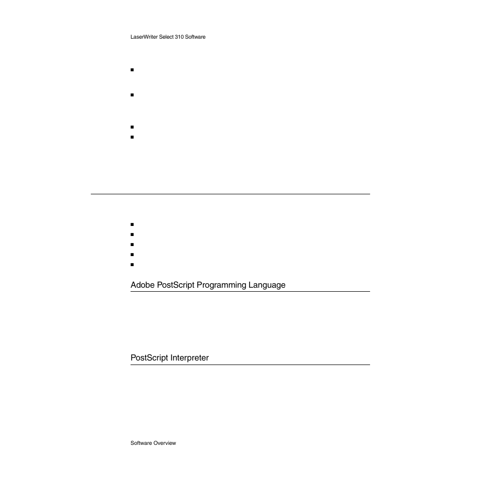 Software overview, Adobe postscript programming language, Postscript interpreter | Software overview 2, Adobe postscript programming language 2, Postscript interpreter 2 | Apple LaserWriter Select 310  Printer User Manual | Page 28 / 68