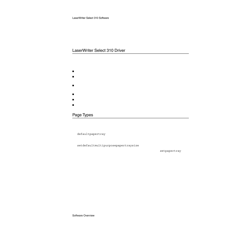 Laserwriter select 310 driver, Laserwriter select 310 driver 2, Page types 2 | Apple LaserWriter Select 310  Printer User Manual | Page 29 / 68