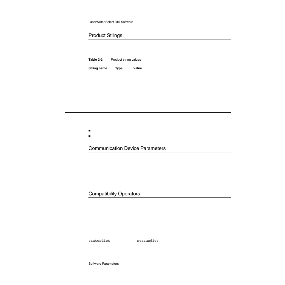 Product strings, Software parameters, Communication device parameters | Compatibility operators, Software parameters 2, Product strings 2, Communication device parameters 2, Compatibility operators 2 | Apple LaserWriter Select 310  Printer User Manual | Page 31 / 68