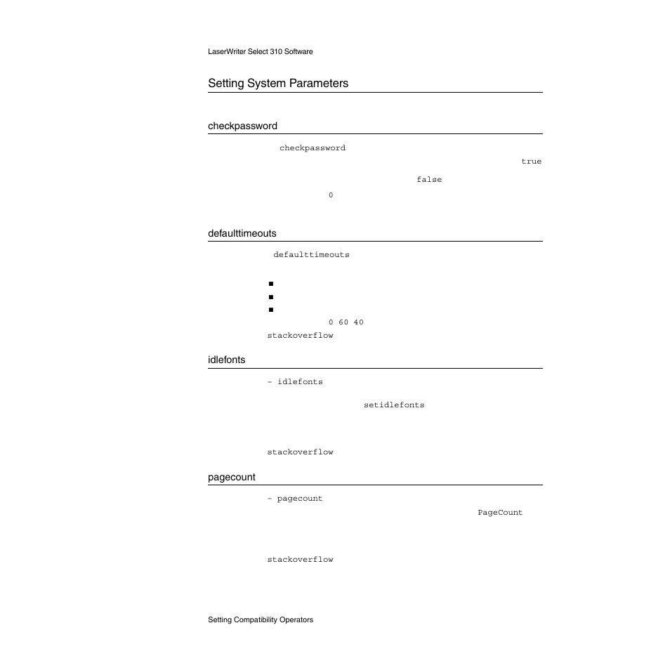 Setting system parameters, Checkpassword, Defaulttimeouts | Idlefonts, Setting system parameters 2 | Apple LaserWriter Select 310  Printer User Manual | Page 35 / 68