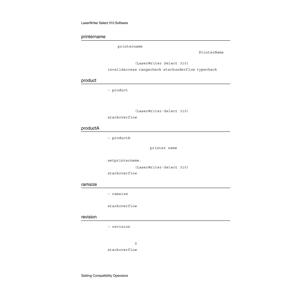 Printername, Product, Producta | Ramsize, Revision | Apple LaserWriter Select 310  Printer User Manual | Page 36 / 68