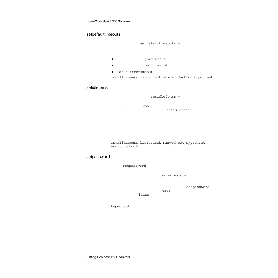 Setdefaulttimeouts, Setidlefonts, Setpassword | Apple LaserWriter Select 310  Printer User Manual | Page 37 / 68