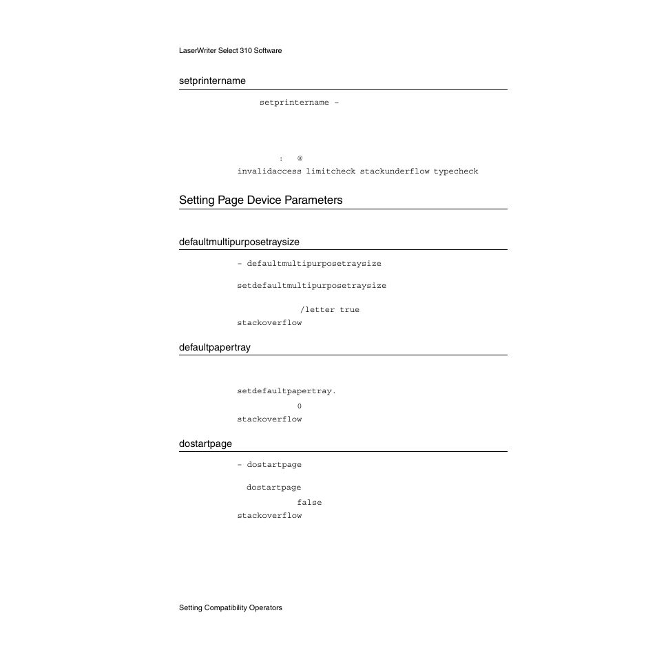 Setprintername, Defaultmultipurposetraysize, Defaultpapertray | Setting page device parameters 2 | Apple LaserWriter Select 310  Printer User Manual | Page 38 / 68