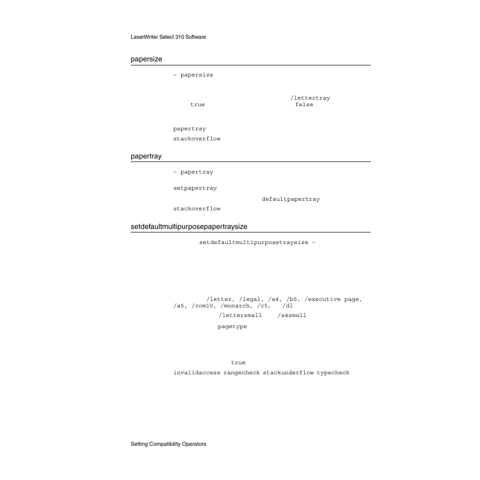 Papersize, Papertray, Setdefaultmultipurposepapertraysize | Apple LaserWriter Select 310  Printer User Manual | Page 40 / 68