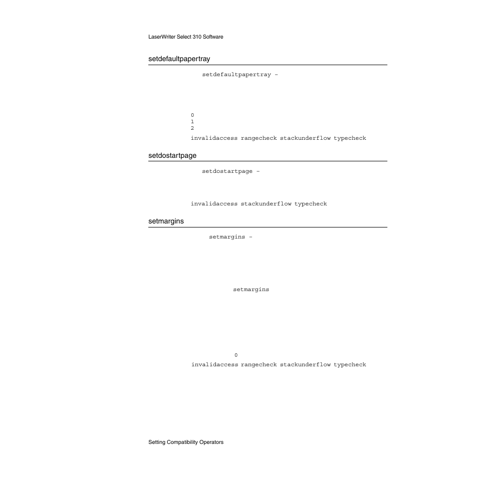 Setdefaultpapertray, Setmargins | Apple LaserWriter Select 310  Printer User Manual | Page 41 / 68