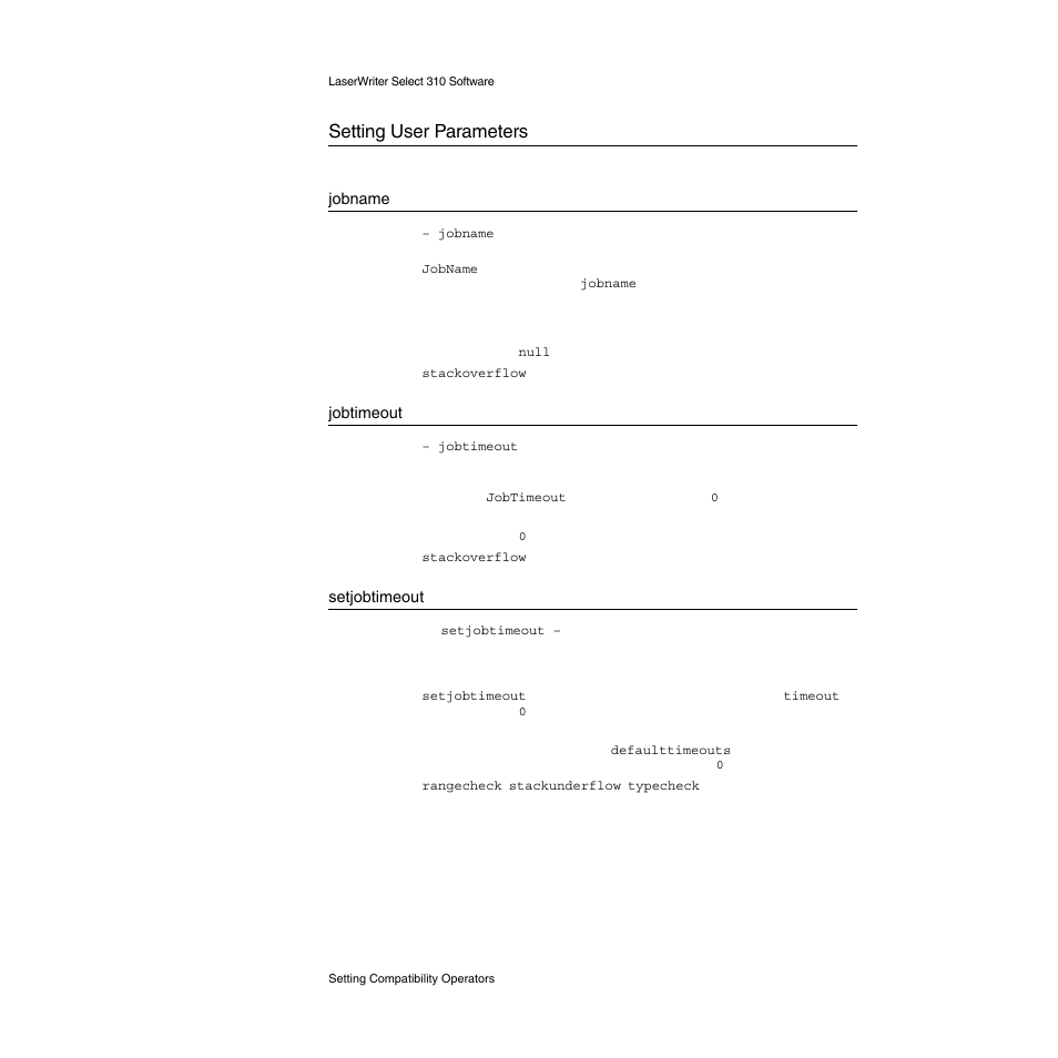 Setting user parameters, Jobname, Jobtimeout | Setjobtimeout, Setting user parameters 2 | Apple LaserWriter Select 310  Printer User Manual | Page 43 / 68