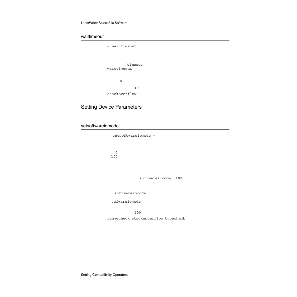 Waittimeout, Setting device parameters, Setsoftwareiomode | Setting device parameters 2 | Apple LaserWriter Select 310  Printer User Manual | Page 44 / 68