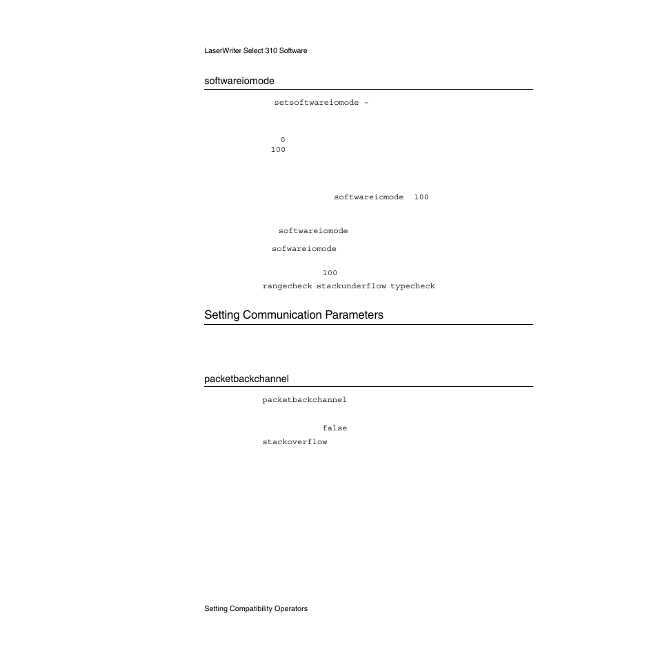 Softwareiomode, Setting communication parameters, Packetbackchannel | Setting communication parameters 2 | Apple LaserWriter Select 310  Printer User Manual | Page 45 / 68