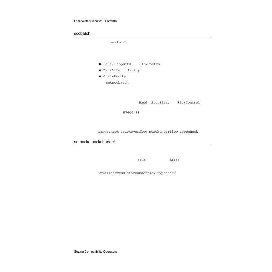 Sccbatch, Setpacketbackchannel | Apple LaserWriter Select 310  Printer User Manual | Page 46 / 68