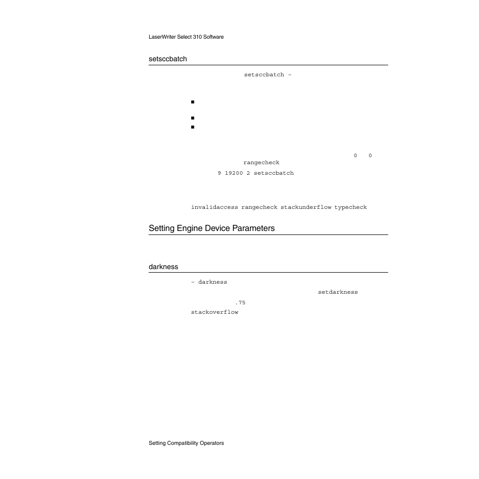 Setsccbatch, Setting engine device parameters, Darkness | Setting engine device parameters 2 | Apple LaserWriter Select 310  Printer User Manual | Page 47 / 68