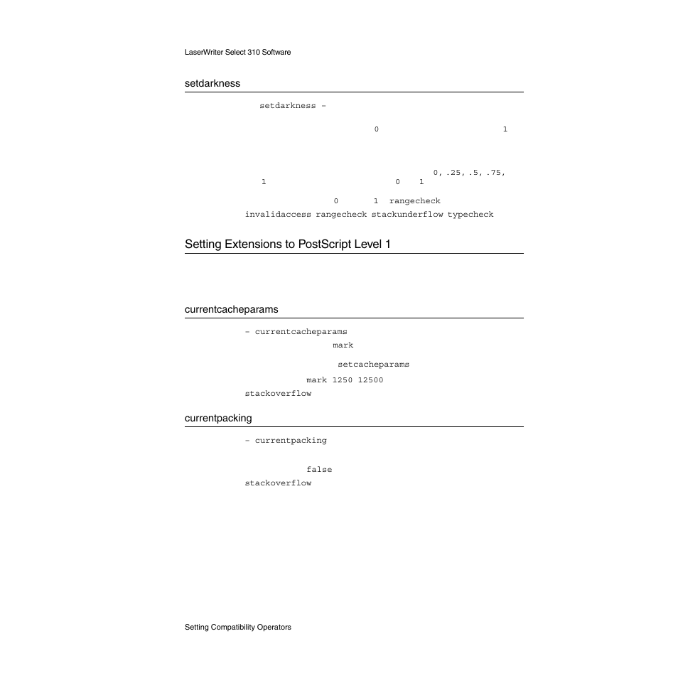 Setdarkness, Setting extensions to postscript level 1, Currentcacheparams | Currentpacking, Setting extensions to postscript level 1 2 | Apple LaserWriter Select 310  Printer User Manual | Page 48 / 68