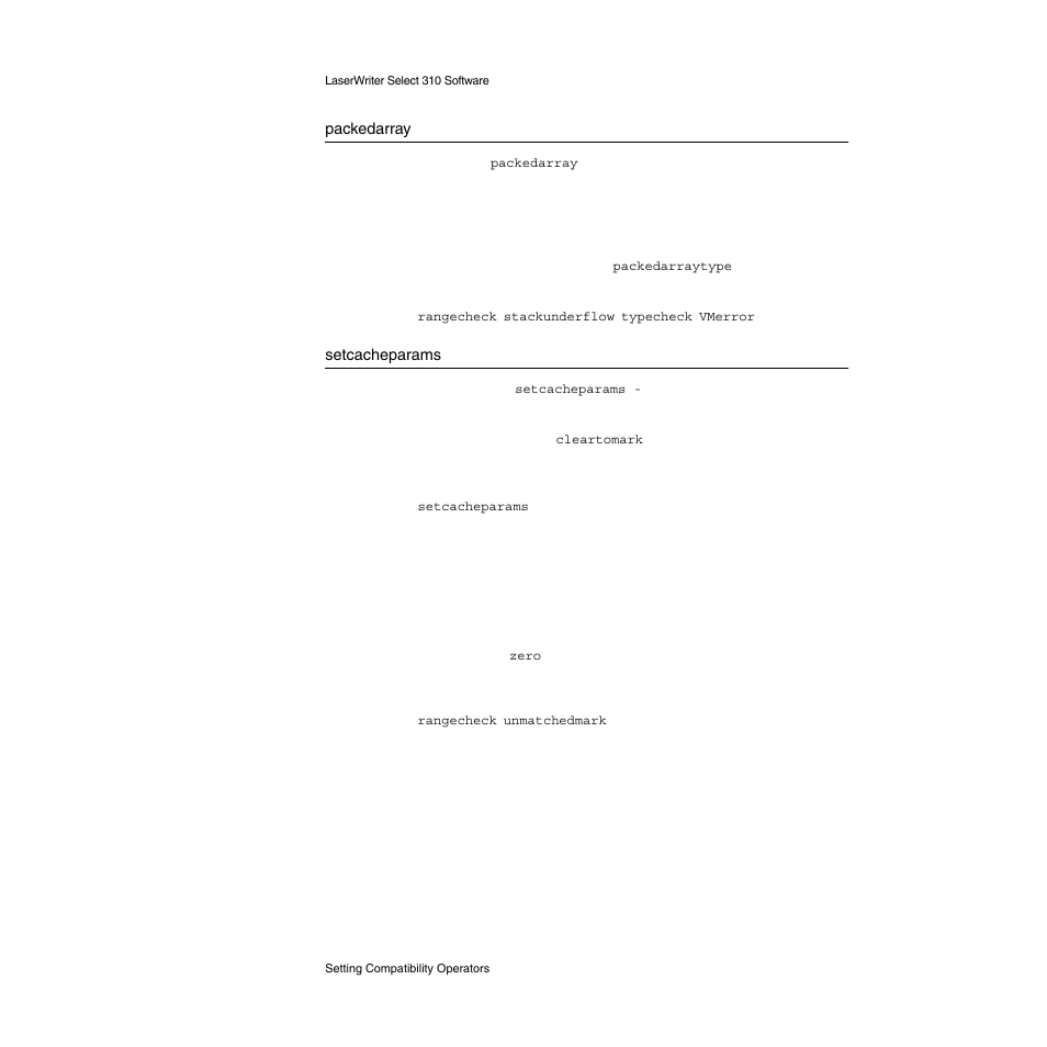 Packedarray, Setcacheparams | Apple LaserWriter Select 310  Printer User Manual | Page 49 / 68