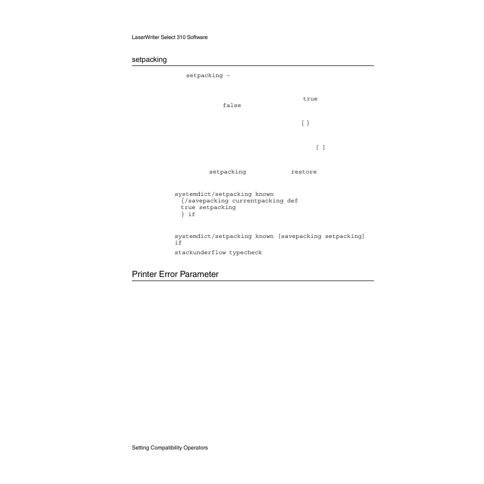 Setpacking, Printer error parameter, Printer error parameter 2 | Apple LaserWriter Select 310  Printer User Manual | Page 50 / 68