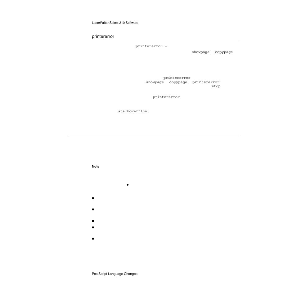 Printererror, Postscript language changes, Postscript language changes 2 | Apple LaserWriter Select 310  Printer User Manual | Page 51 / 68