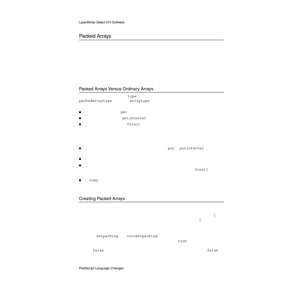 Packed arrays, Packed arrays versus ordinary arrays, Creating packed arrays | Packed arrays 2 | Apple LaserWriter Select 310  Printer User Manual | Page 52 / 68