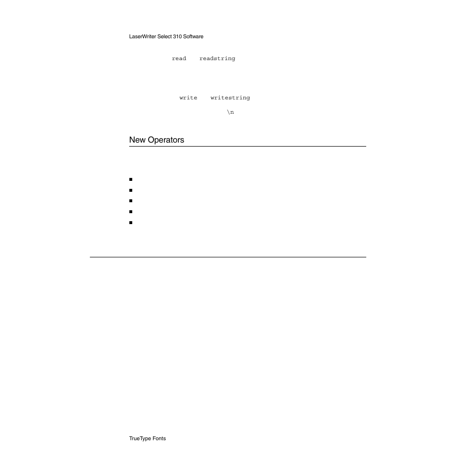 New operators, Truetype fonts, Truetype fonts 2 | New operators 2 | Apple LaserWriter Select 310  Printer User Manual | Page 56 / 68