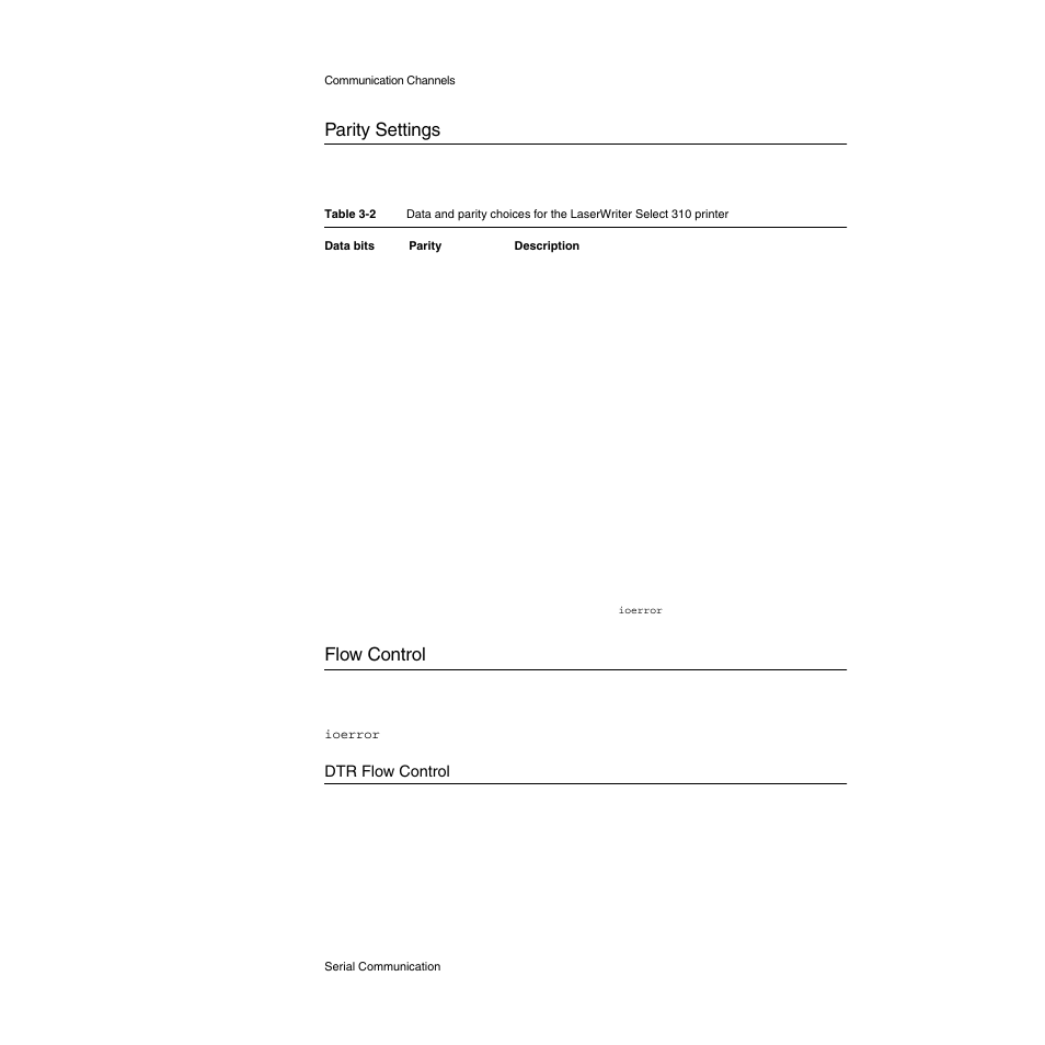 Parity settings, Flow control, Dtr flow control | Parity settings 3, Flow control 3 | Apple LaserWriter Select 310  Printer User Manual | Page 59 / 68