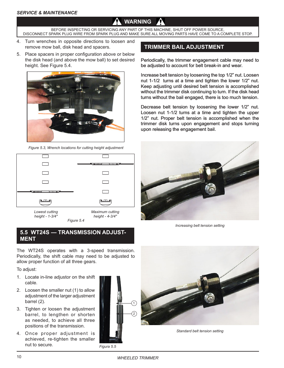 Warning, 5 wt24s — transmission adjust- ment, Trimmer bail adjustment | Echo WT24 Owners Manual User Manual | Page 14 / 25