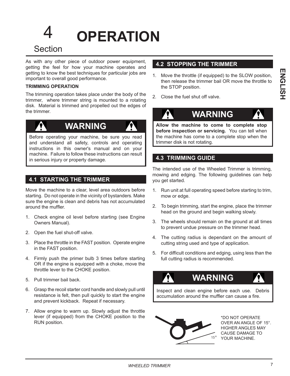 Operation, 1 starting the mower, 2 stopping the mower | 3 trimming guide, Warning, English | Echo WT190 Owners Manual v.4 User Manual | Page 11 / 20