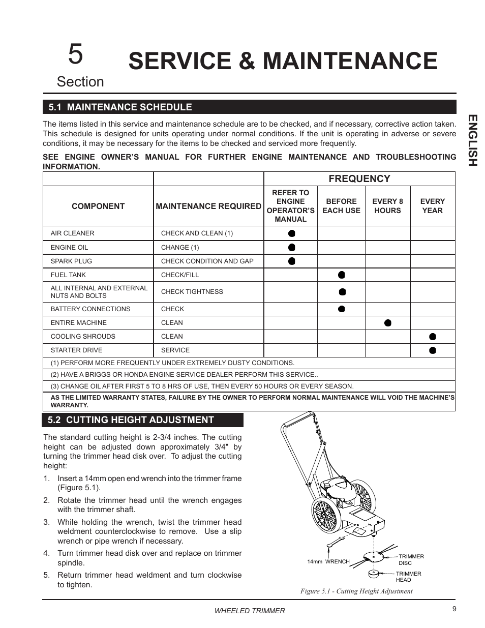 Service & maintenance, 1 maintenance schedule, 2 cutting height adjustment | English, Frequency | Echo WT190 Owners Manual v.4 User Manual | Page 13 / 20