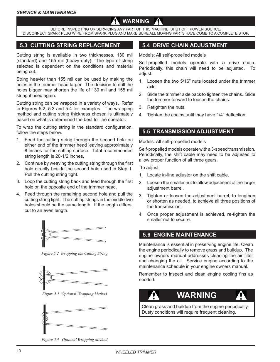 3 cutting string replacement, 4 drive chain adjustment, 5 transmission adjustment | 6 engine maintenance, Warning | Echo WT190 Owners Manual v.4 User Manual | Page 14 / 20