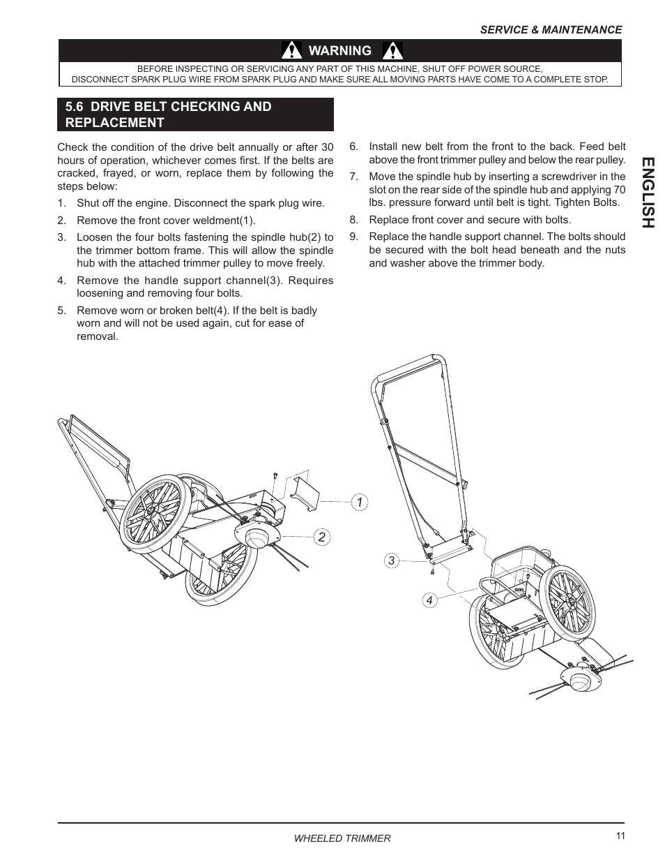 6 drive belt checking and replacement, 6 drive belt checking and, Replacement | English | Echo WT190 Owners Manual v.4 User Manual | Page 15 / 20