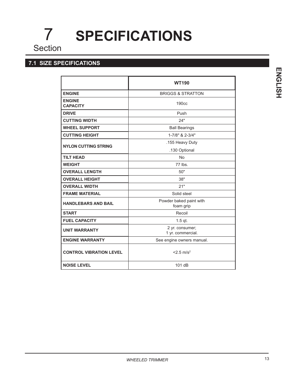 Specifications, 1 size specifications, English | Echo WT190 Owners Manual v.4 User Manual | Page 17 / 20