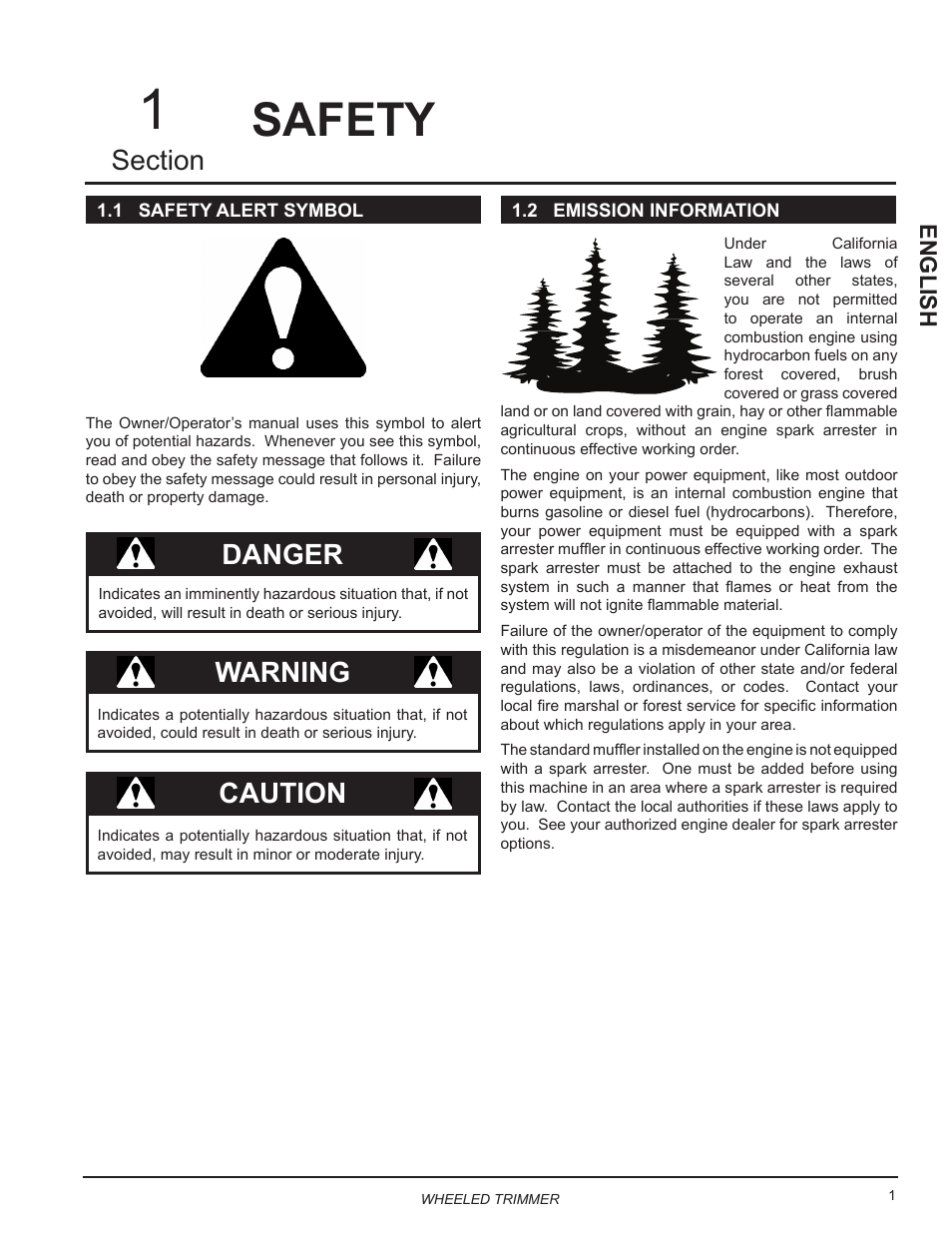 Safety, 1 safety alert symbol, 2 emission information | 1 safety alert symbol 1.2 emission information, Danger, Warning, Caution, English | Echo WT190 Owners Manual v.4 User Manual | Page 5 / 20
