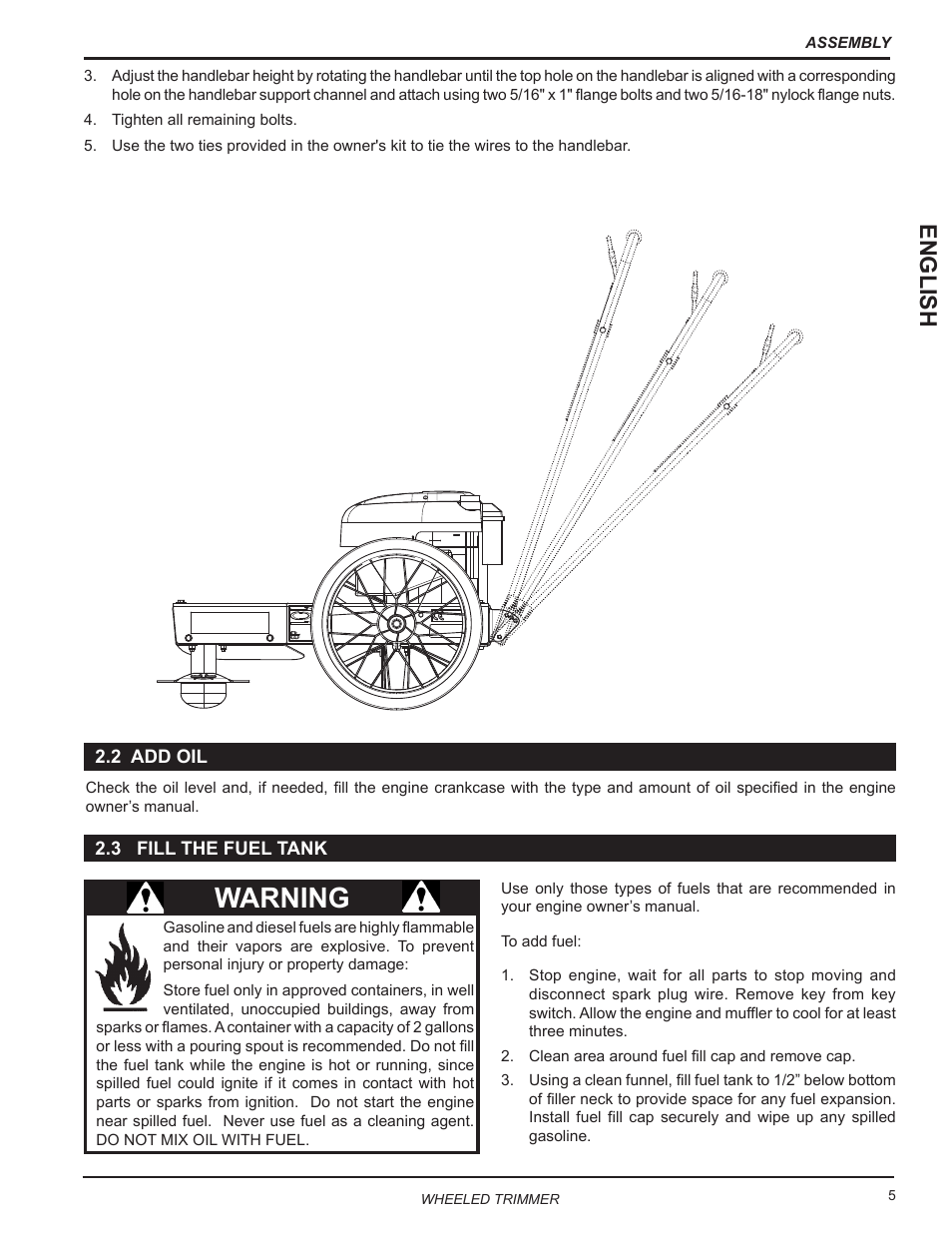 2 add oil, 3 fill the fuel tank, 2 add oil 2.3 fill the fuel tank | Warning, English | Echo WT190 Owners Manual v.4 User Manual | Page 9 / 20