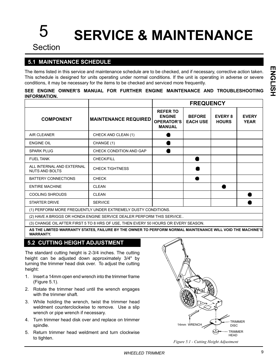 Service & maintenance, 1 maintenance schedule, 2 cutting height adjustment | English, Frequency | Echo WT160S Owners Manual v.3 User Manual | Page 13 / 20