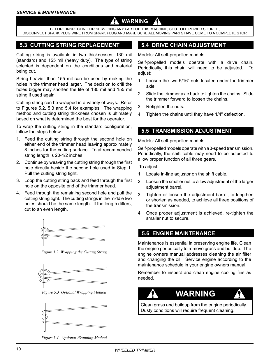 3 cutting string replacement, 4 drive chain adjustment, 5 transmission adjustment | 6 engine maintenance, Warning | Echo WT160S Owners Manual v.3 User Manual | Page 14 / 20