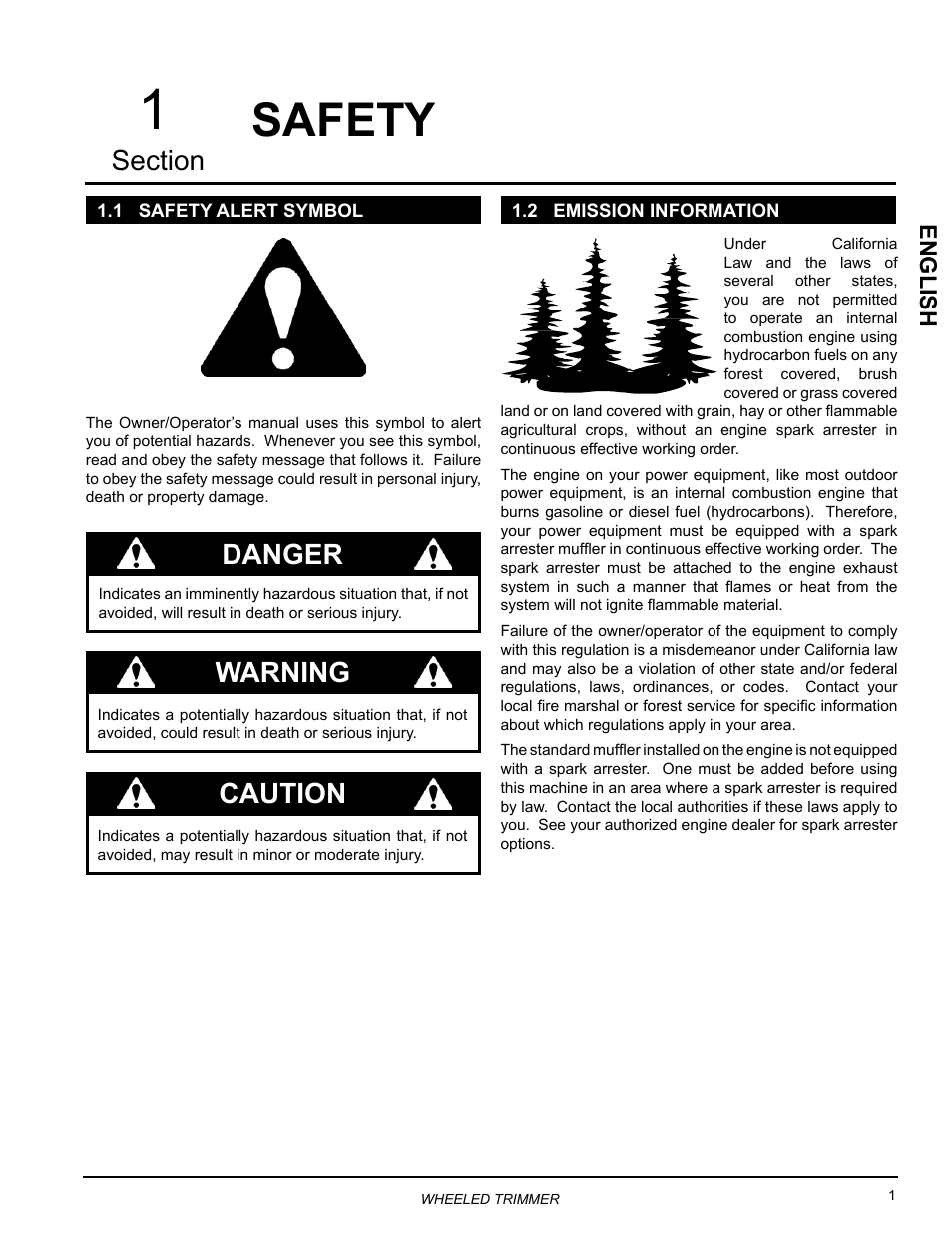 Safety, 1 safety alert symbol, 2 emission information | 1 safety alert symbol 1.2 emission information, Danger, Warning, Caution, English | Echo WT160S Owners Manual v.3 User Manual | Page 5 / 20