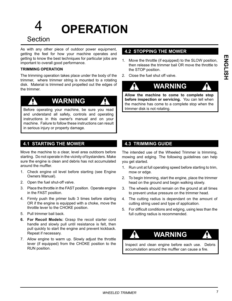 Operation, 1 starting the mower, 2 stopping the mower | 3 trimming guide, Warning, English | Echo WT160S Owners Manual v.2 User Manual | Page 11 / 33