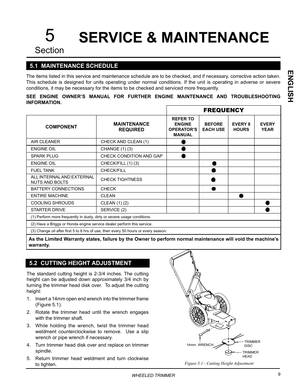 Service & maintenance, 1 maintenance schedule, 2 cutting height adjustment | English | Echo WT160S Owners Manual v.2 User Manual | Page 13 / 33