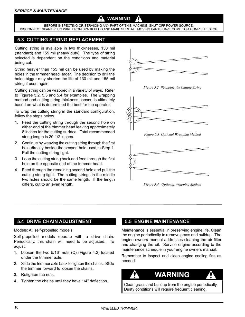 3 cutting string replacement, 4 drive chain adjustment, 5 engine maintenance | Warning | Echo WT160S Owners Manual v.2 User Manual | Page 14 / 33