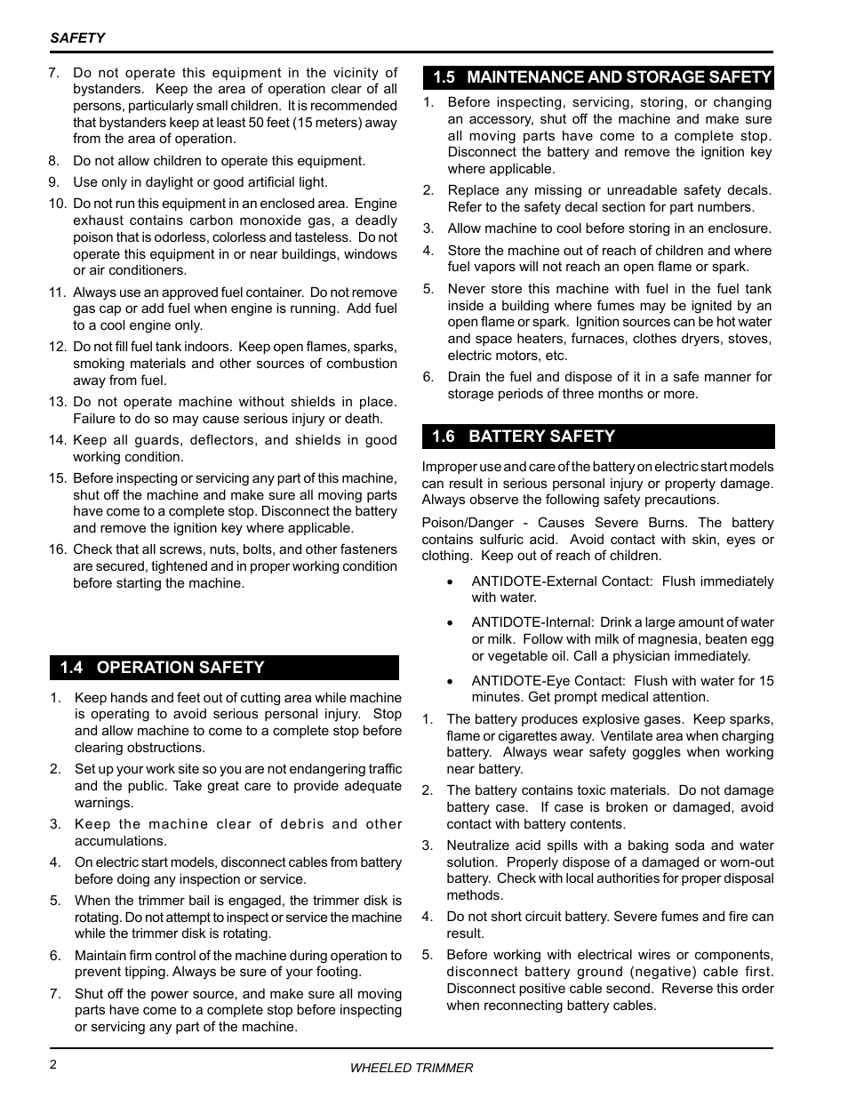 4 operation safety, 5 maintenance and storage safety, 6 battery safety | Echo WT160S Owners Manual v.2 User Manual | Page 6 / 33