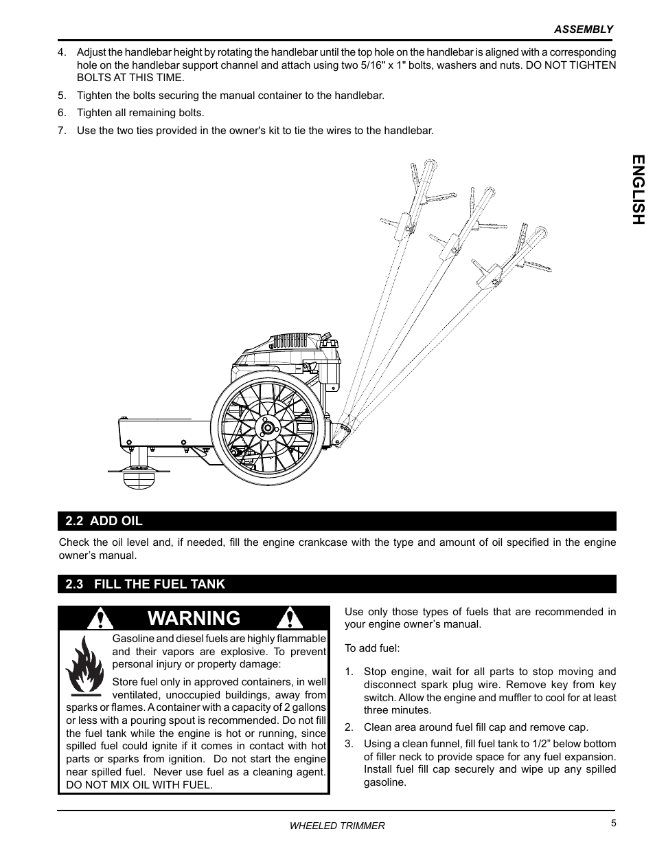 2 add oil, 3 fill the fuel tank, 2 add oil 5 2.3 fill the fuel tank | Warning, English | Echo WT160S Owners Manual v.2 User Manual | Page 9 / 33