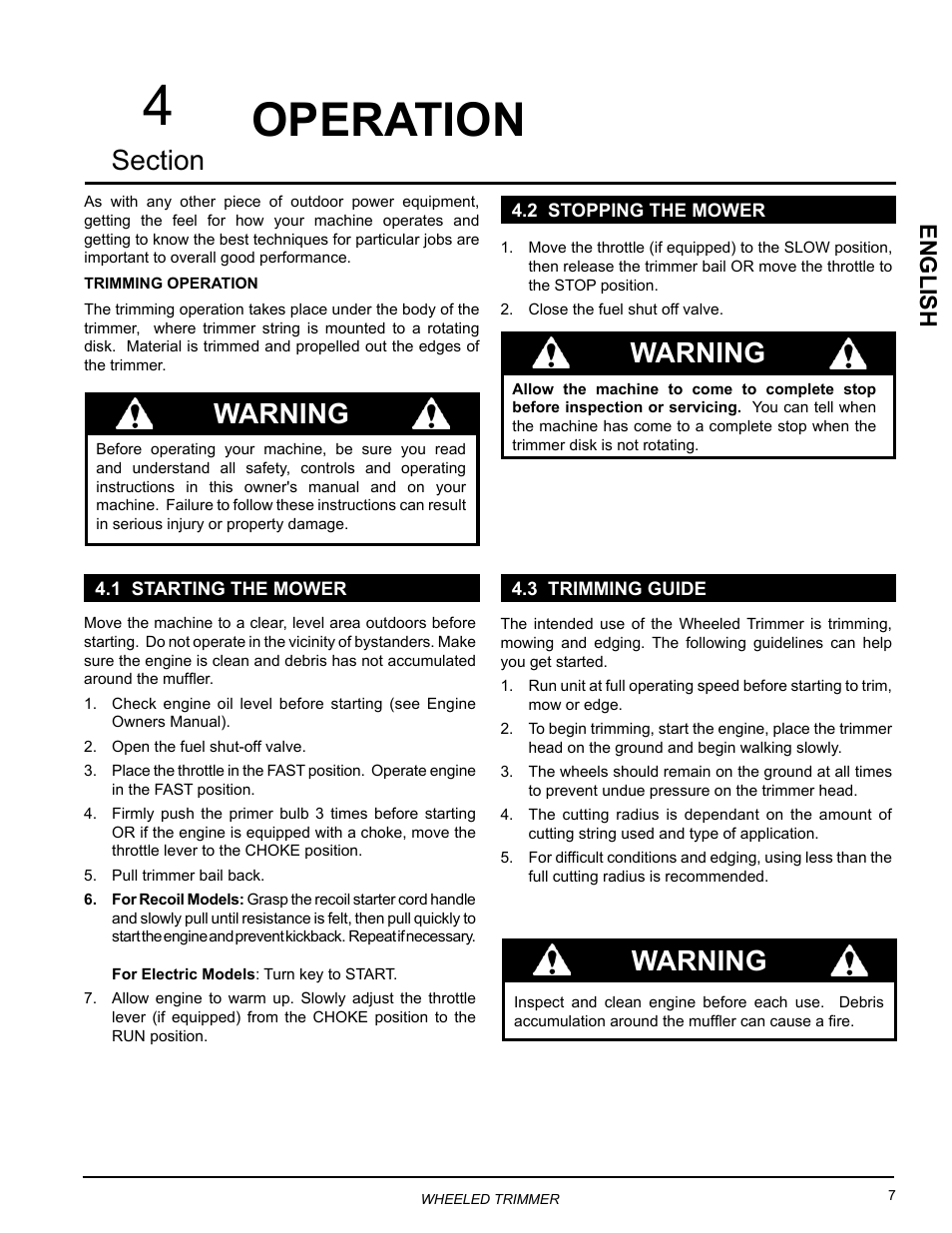 Operation, 1 starting the mower, 2 stopping the mower | 3 trimming guide, Warning, English | Echo WT160S Owners Manual v.1 User Manual | Page 11 / 32